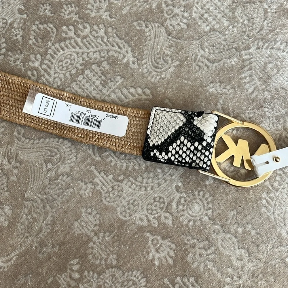 Brand New Michael Kors Black & White Snakeskin Woven Stretch Belt Gold Tone Logo